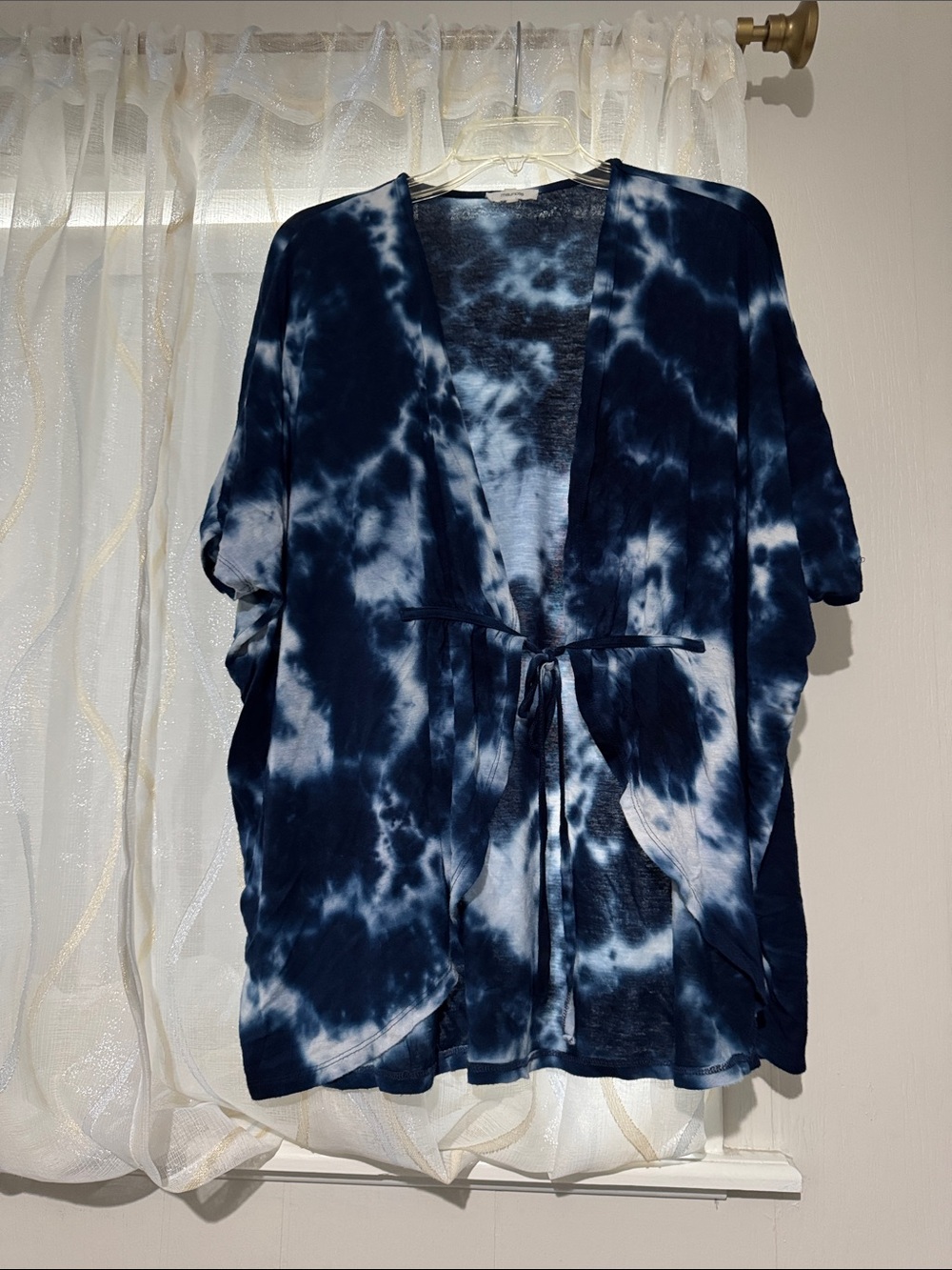 Tie-Dye Open-Front Kimono Tunic with Waist Tie - Navy Blue